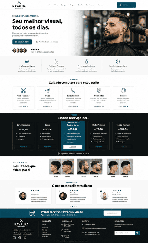 Layout de site Navalha, estilo clean e direto
